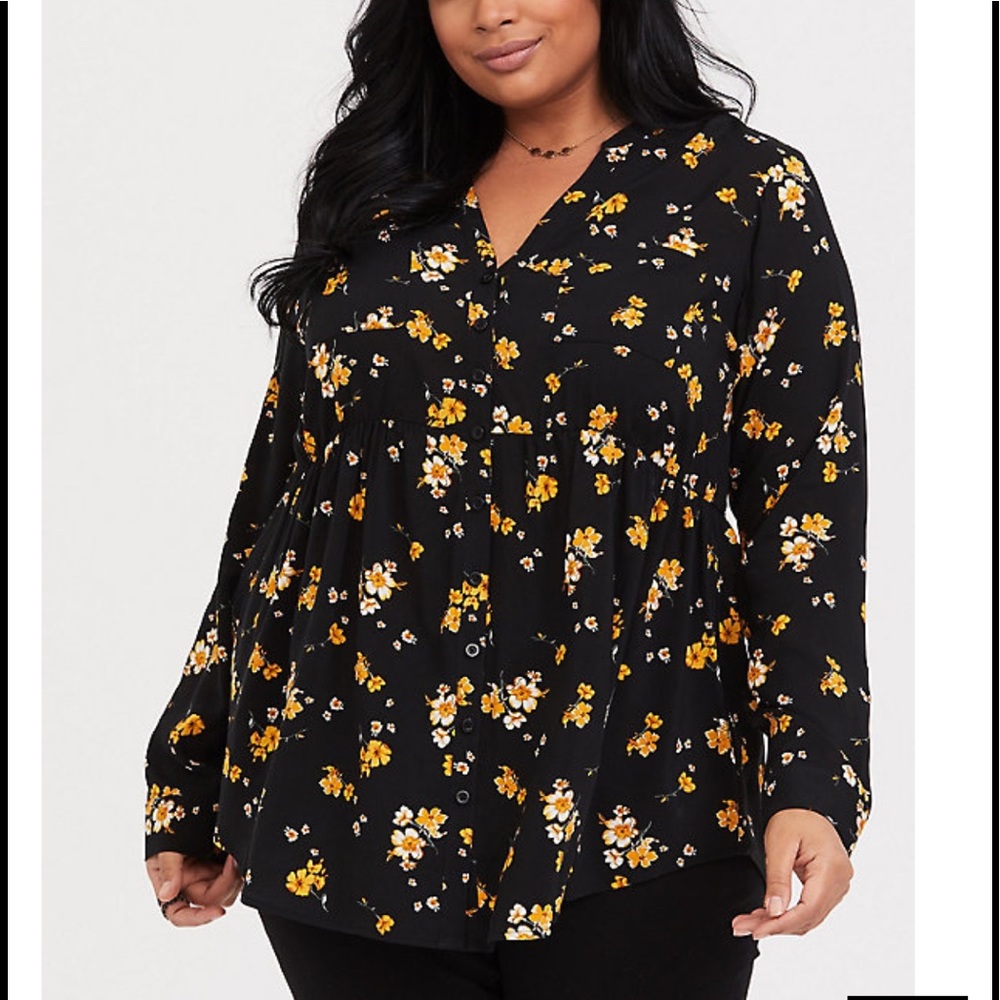 Torrid black and yellow floral babydoll blouse